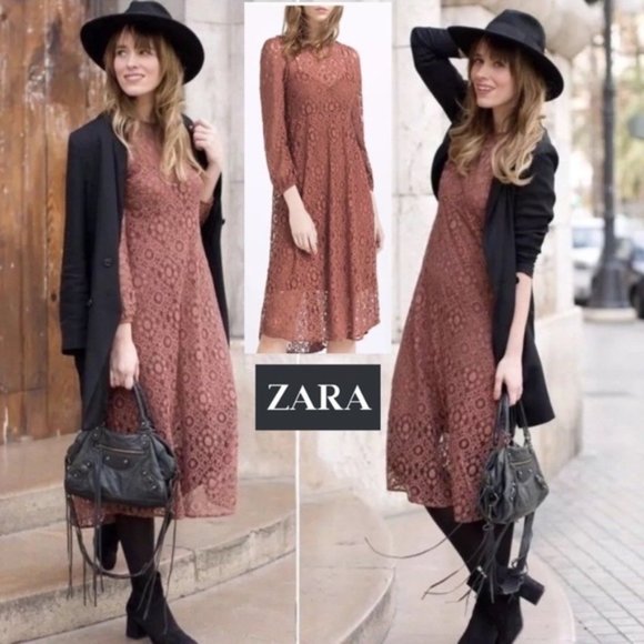 NWT $70 ZARA Women XS Terracotta Lace Overlay Cami Midi Dress Bohemian Elegant - Picture 9 of 13
